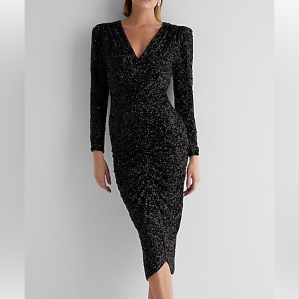 Express Sequin V-Neck Puff Shoulder Ruched Midi Sheath Dress XS